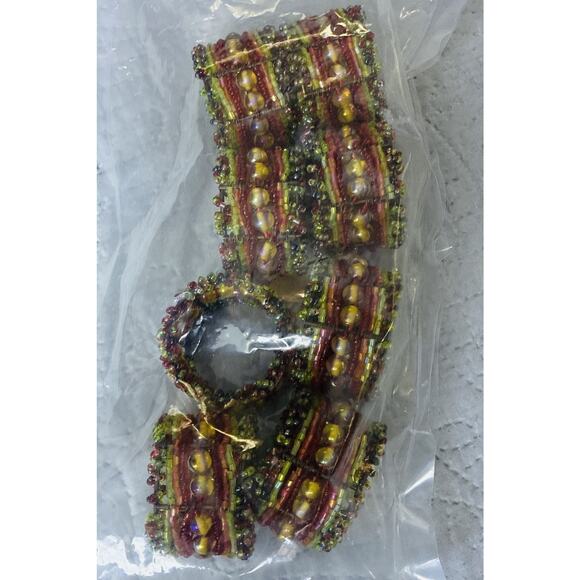 NIP Set Of 8 Handmade Boho Beaded Sequins 1” Napkin Rings Gold Brn Holiday Daily - Picture 1 of 6